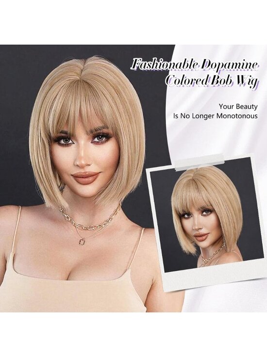 Women light Brown Heat Resistant Synthetic Bob Party Neon Wig Bangs 12 Inch main image 4